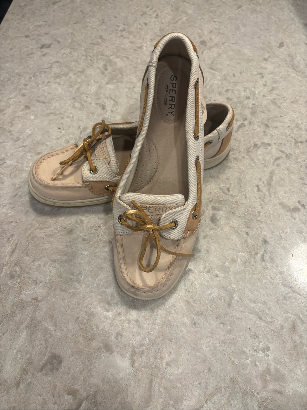 Sperry Women's Cream Canvas and Tan Leather Slip-On Boat Loafers